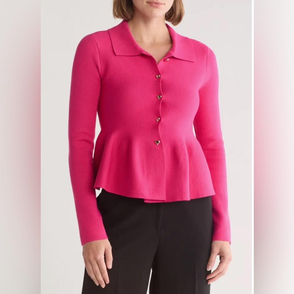 Rich & Famous Anya Crop Peplum Hot Pink Cardigan